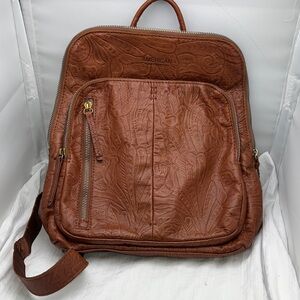 American Leather Company West Embossed Leather Brown Backpack Purse Used 1x